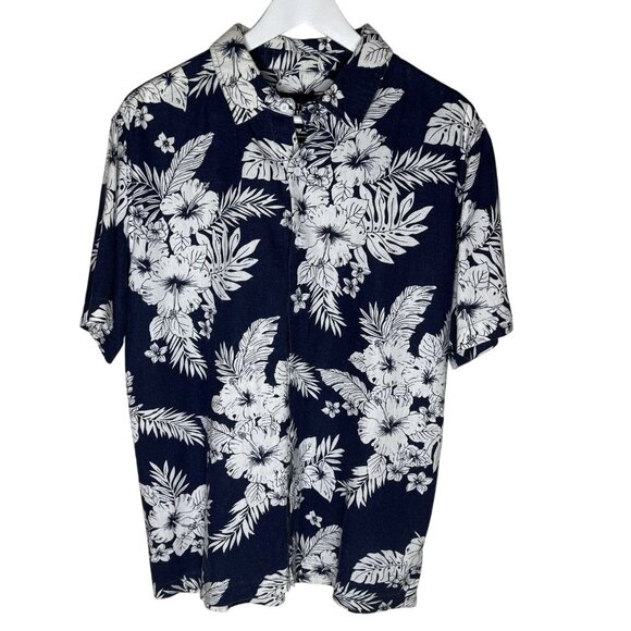 Native Youth Men's Navy Blue Hawaiian Print Short Sleeve Linen Shirt, Medium - Picture 1 of 6